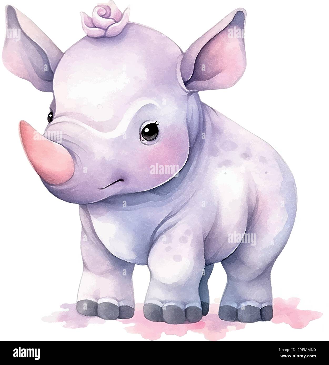 Cartoon rhinoceros watercolor for print design. Isolated graphic template. Stock Vector