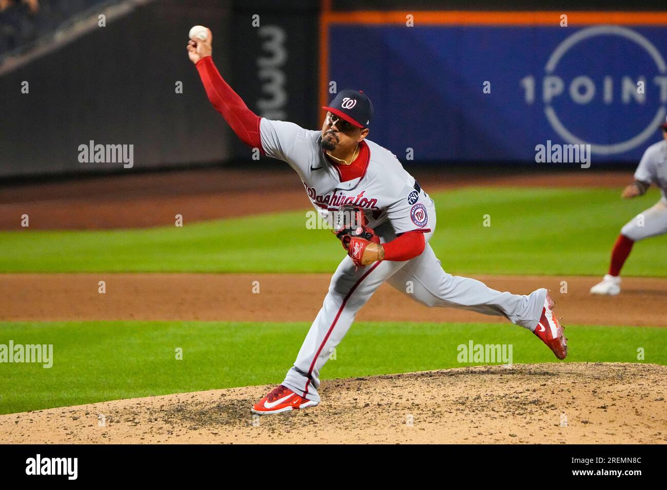 FLUSHING, NY - APRIL 25: New York Mets Shortstop Francisco Lindor (12)  throws out Washington Nationals Second Baseman Luis Garcia (2) (not  pictured) after fielding a ground ball during the fourth inning