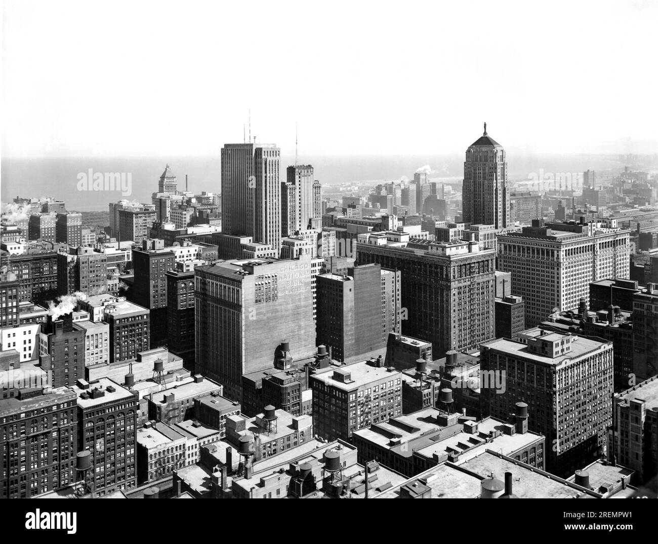 Chicago, Illinois:  c. 1950's View of downtown Chicago facing east over the loop and Wacker Drive. Stock Photo