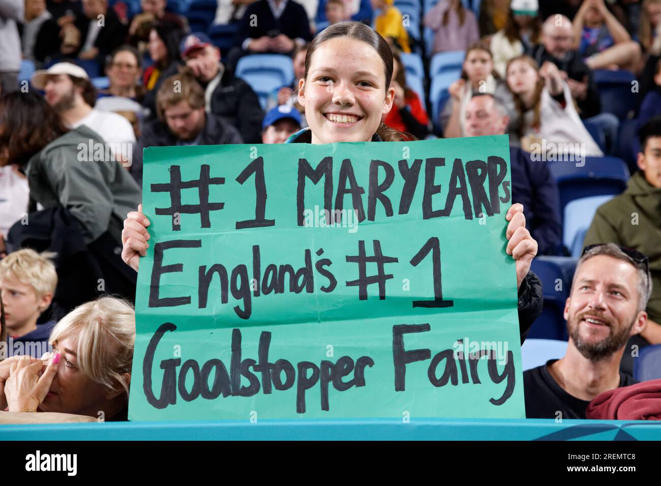 Sydney, Australia. 28th July, 2023. England fan showing her support for Goal Keeper, Mary Earps during the FIFA Women's World Cup 2023 Group D match between England and Denmark at Sydney Football Stadium on July 28, 2023 in Sydney, Australia Credit: IOIO IMAGES/Alamy Live News Stock Photo