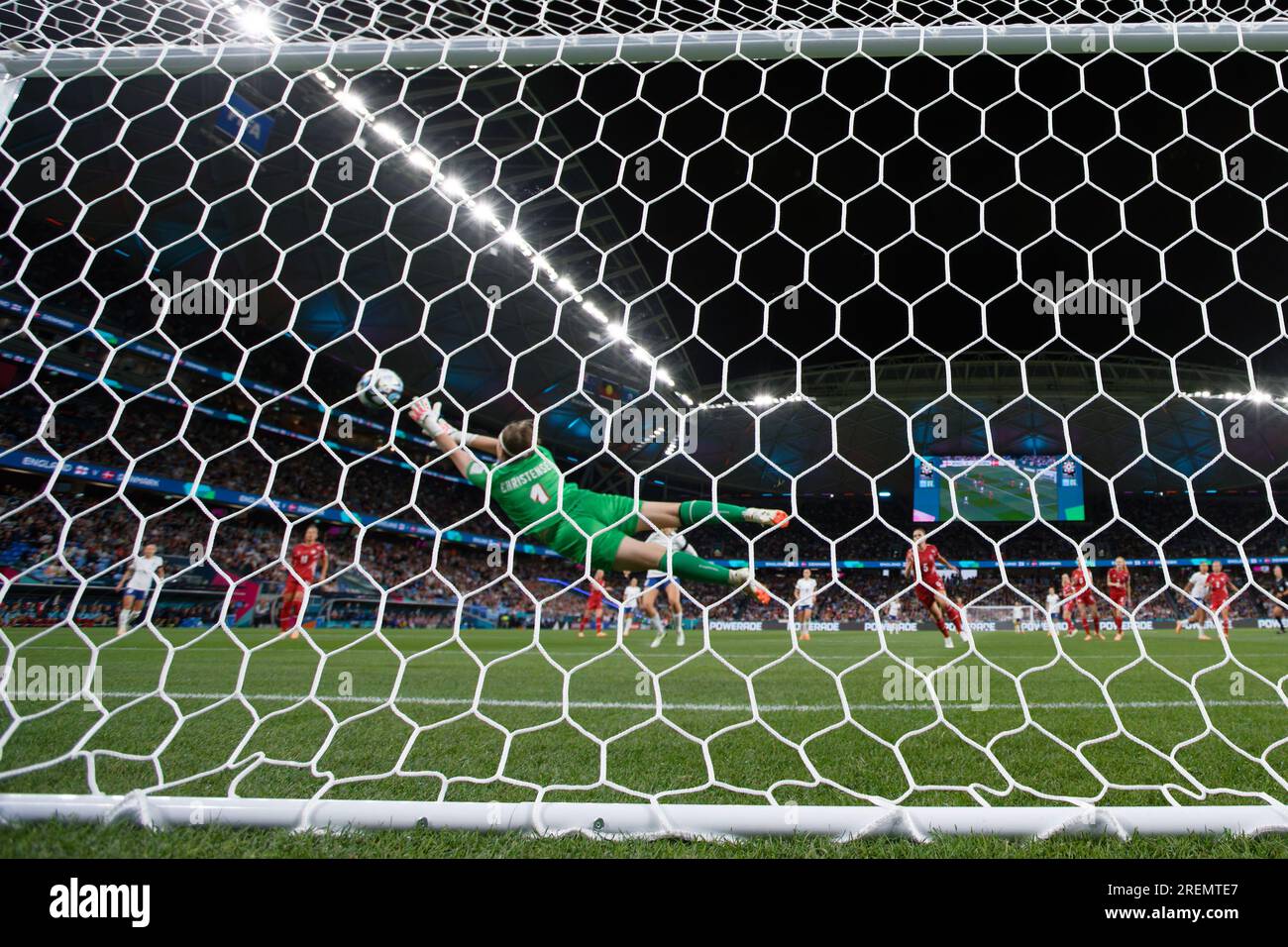 Sydney, Australia. 28th July, 2023. Goal keeper, Lene Christensen of Denmark dives to block the ball without success during the FIFA Women's World Cup 2023 Group D match between England and Denmark at Sydney Football Stadium on July 28, 2023 in Sydney, Australia Credit: IOIO IMAGES/Alamy Live News Stock Photo