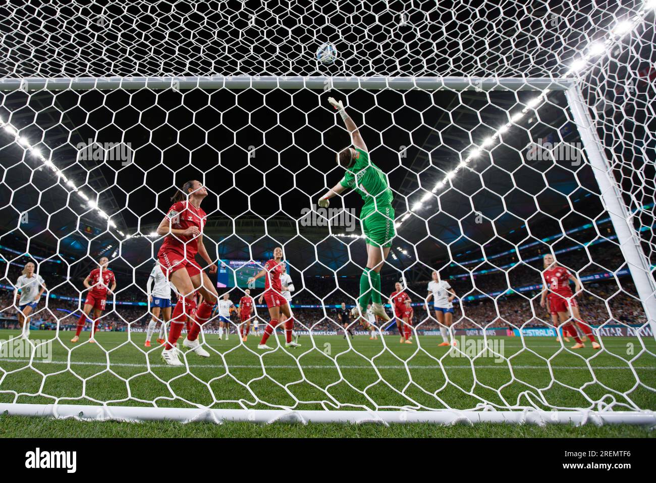 Sydney, Australia. 28th July, 2023. Goal keeper, Lene Christensen of Denmark stretches to push the ball away during the FIFA Women's World Cup 2023 Group D match between England and Denmark at Sydney Football Stadium on July 28, 2023 in Sydney, Australia Credit: IOIO IMAGES/Alamy Live News Stock Photo