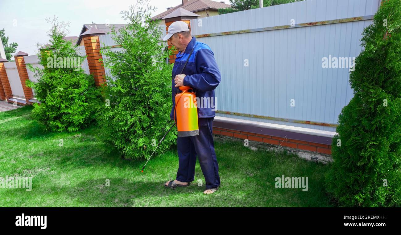 A man works in the garden, spraying weeds from a sprayer Stock Photo ...