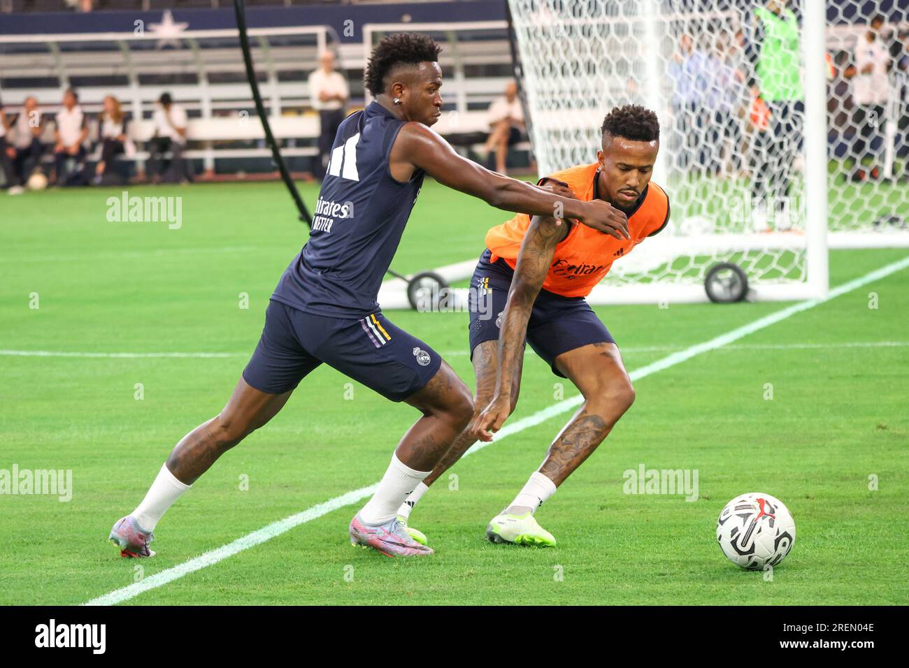 Dallas, United States. 28th July, 2023. Vini Jr and Eder Militão of Real Madrid during a training session at AT&T Stadium in Dallas in the United States this Friday, July 28. Tomorrow the team faces Barcelona. Credit: Brazil Photo Press/Alamy Live News Stock Photo