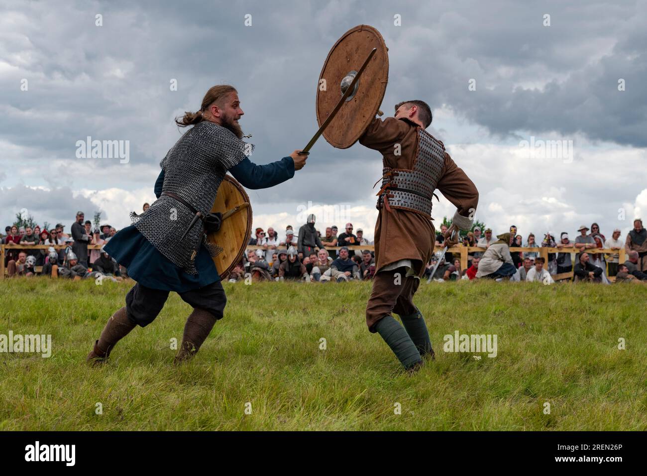 TVER REGION, RUSSIA - JULY 22, 2023: Duel of two swordsmen. Historical festival 'Epic Coast-2023' Stock Photo