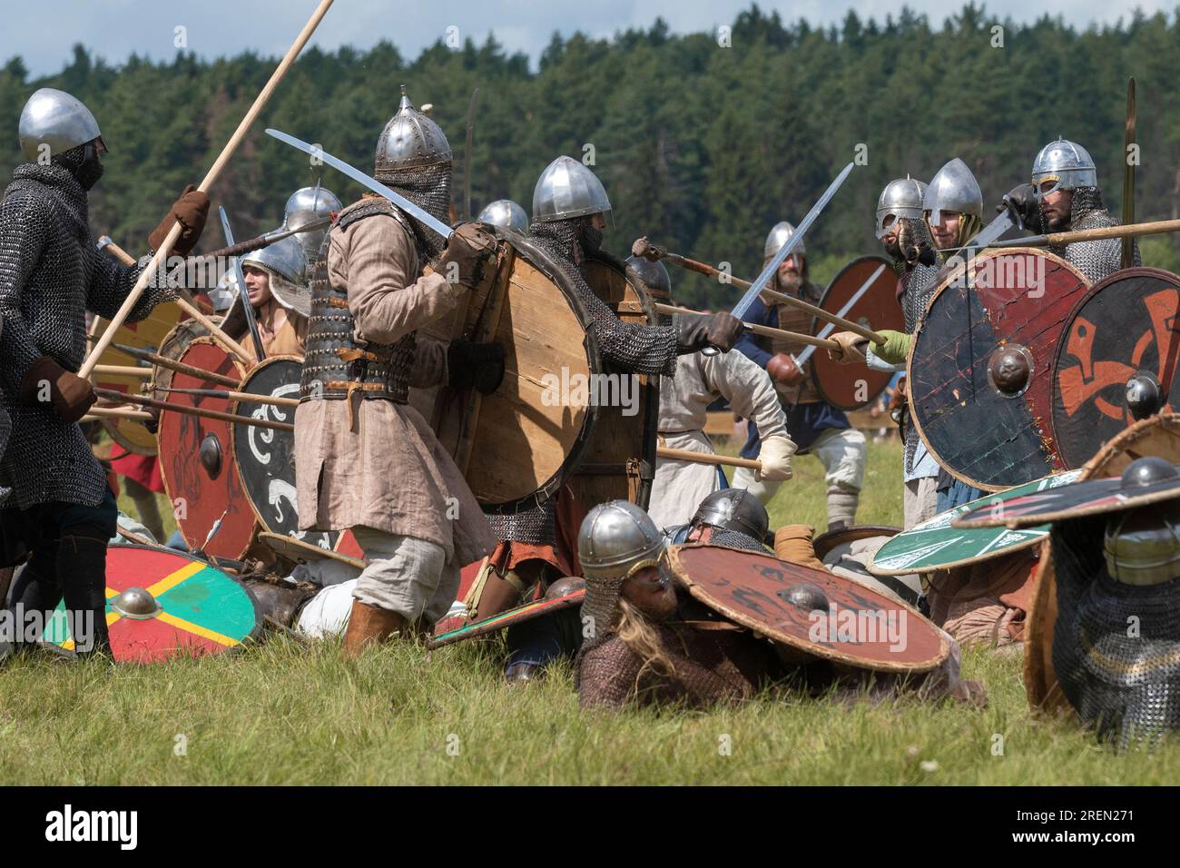 TVER REGION, RUSSIA - JULY 22, 2023: A fragment of the reconstruction of a medieval battle. Historical festival 'Epic Coast-2023' Stock Photo