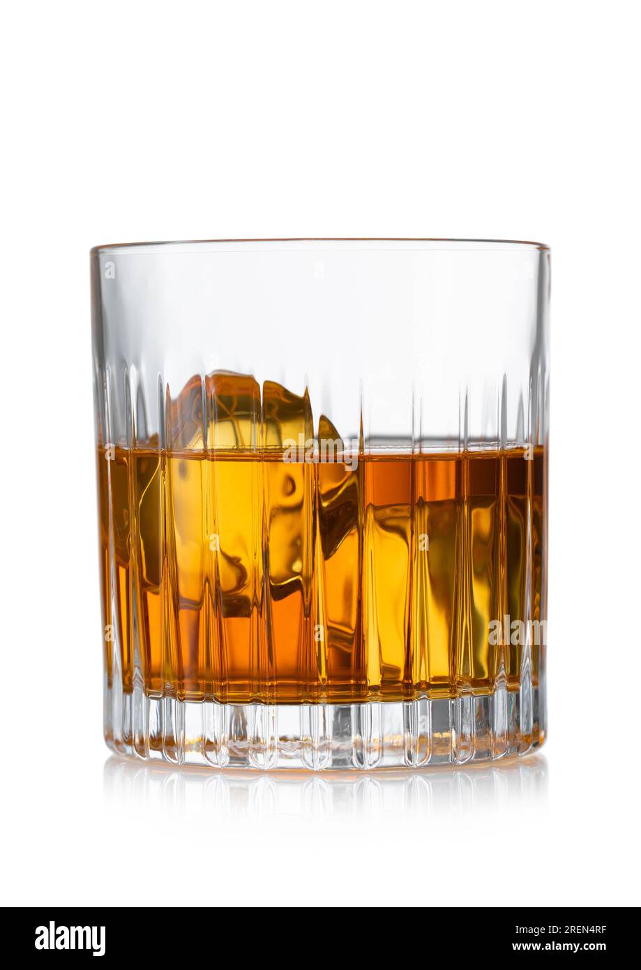 Old fashioned glass with whiskey and ice cubes on white Stock Photo Alamy