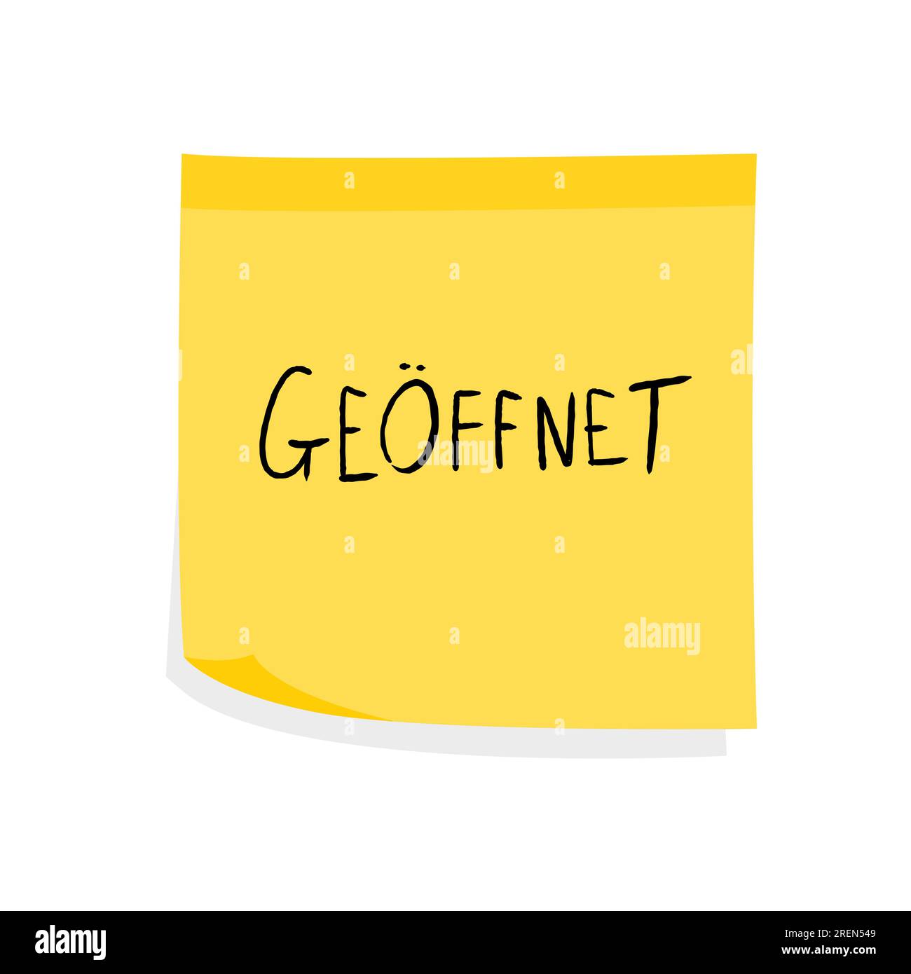Geoffnet means open in German language. Yellow sticky note message. Paper sign. Stock Vector