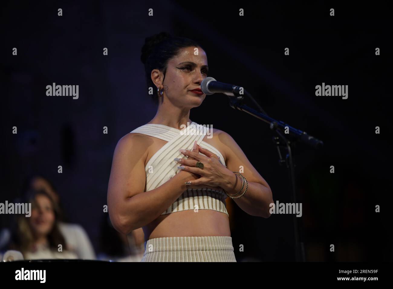 East Jerusalem, Israel. 27th July, 2023. Tunisian singer Emile Mathlouthi, in her first performance in Jerusalem, during her participation in the Nights of Tarab festival in Jerusalem of the Arabs, on July 27, 2023. (Photo by Saeed Qaq/NurPhoto)0 Credit: NurPhoto SRL/Alamy Live News Stock Photo