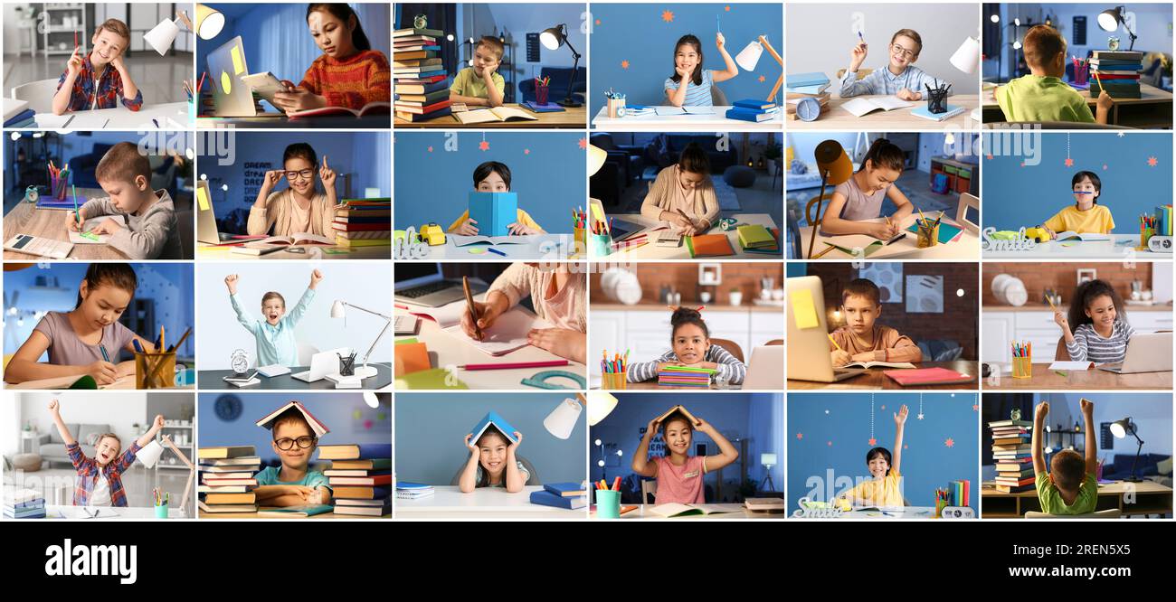 Collage of little children doing homework Stock Photo