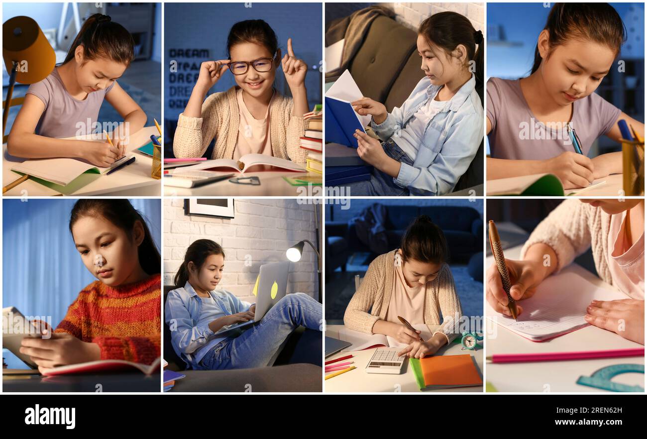 Collage of little Asian girl doing homework in evening Stock Photo
