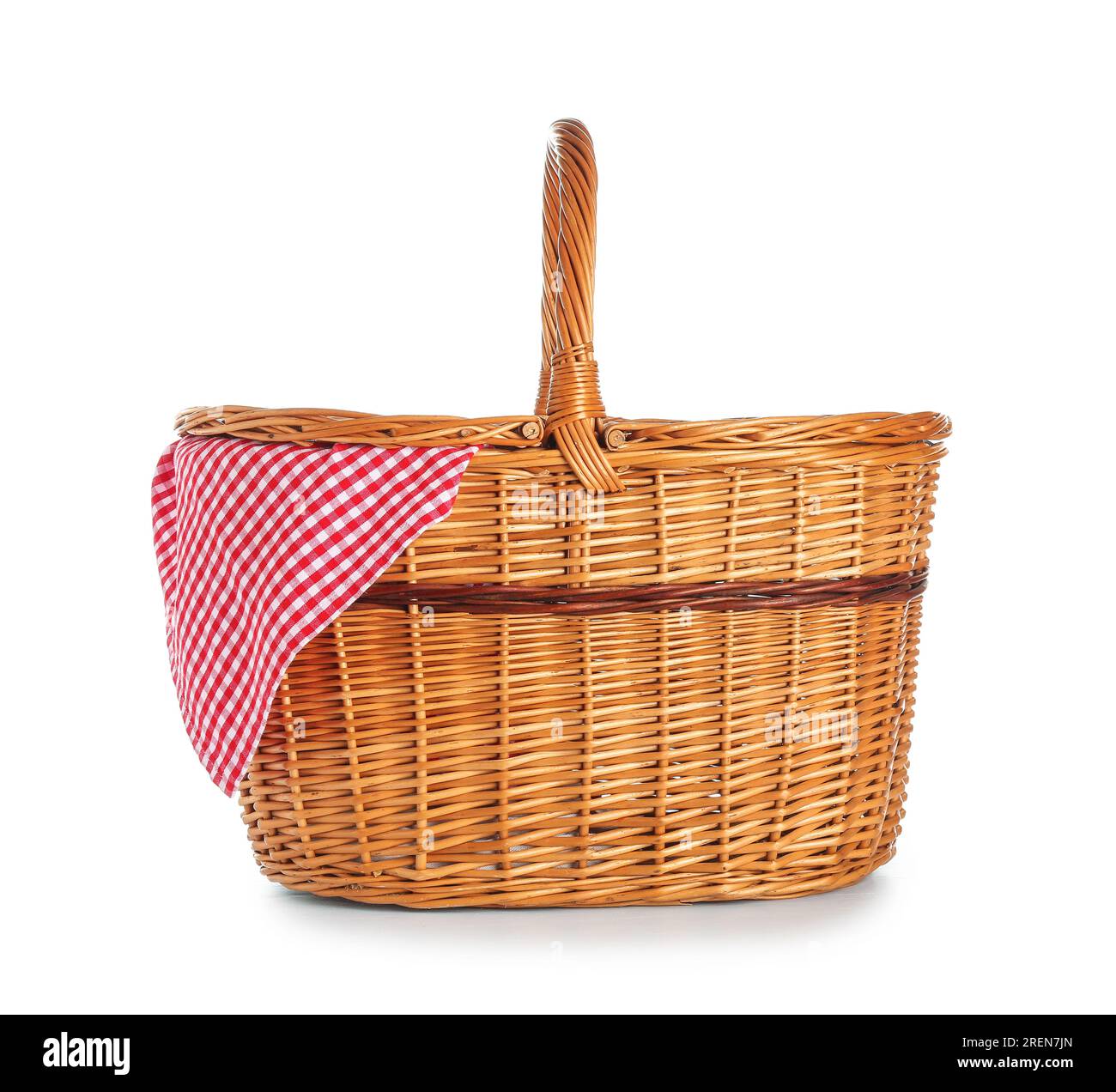 Wicker picnic basket with napkin isolated on white background Stock ...