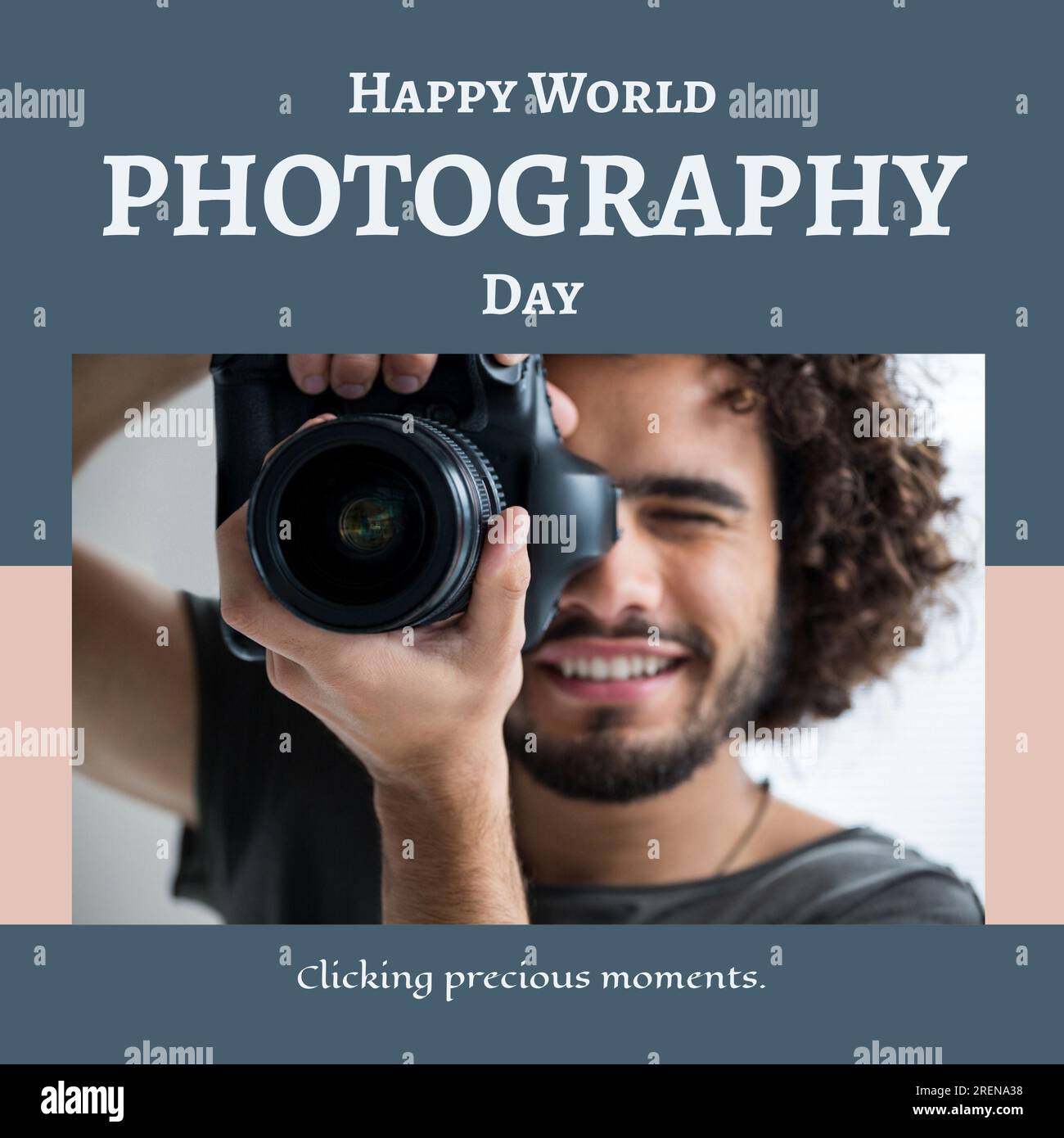 Happy world photography day text in white on blue with smiling caucasian man using slr camera Stock Photo