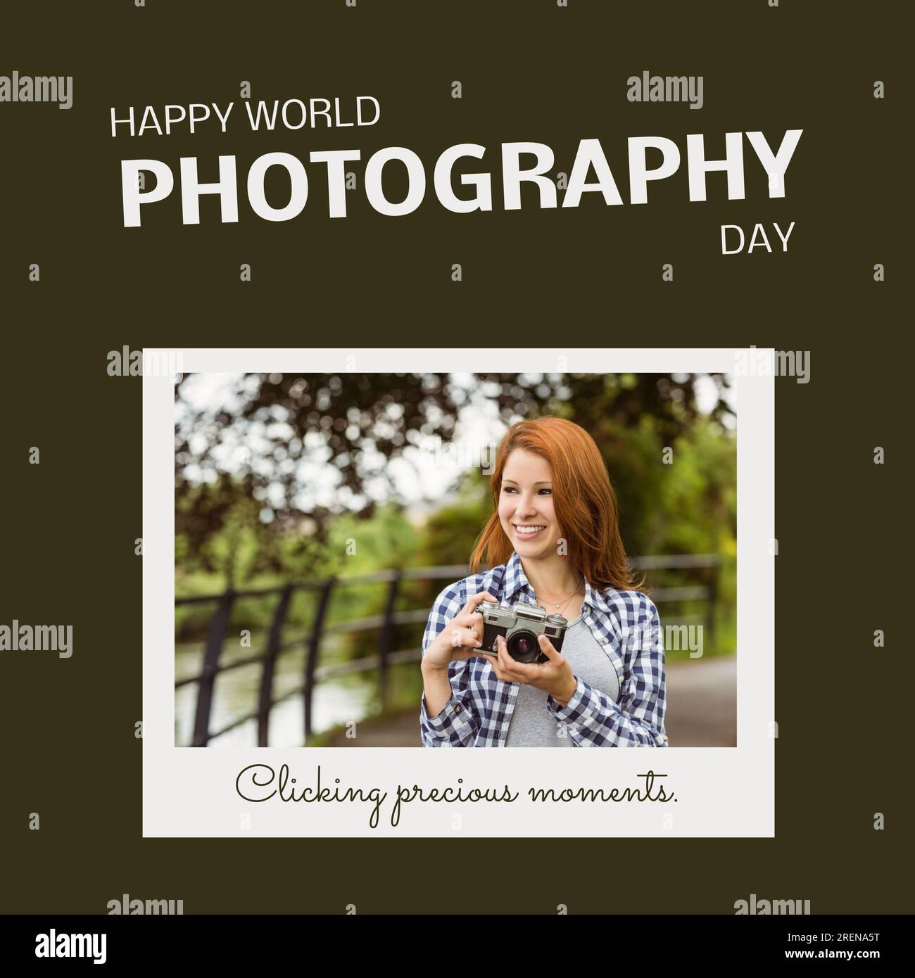 Happy world photography day text on black with happy caucasian woman ...