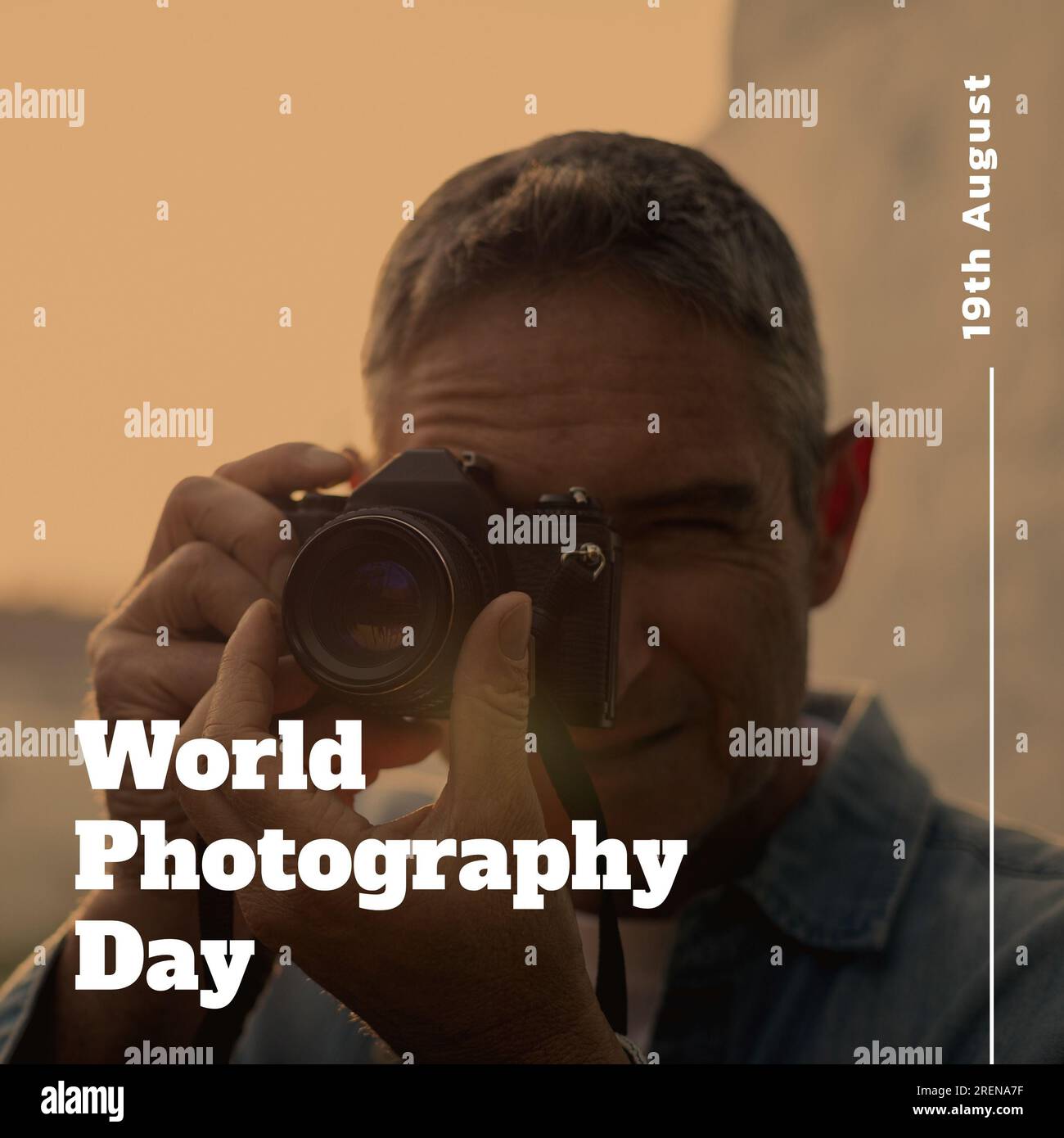 World photography day text and date in white over caucasian man using camera Stock Photo