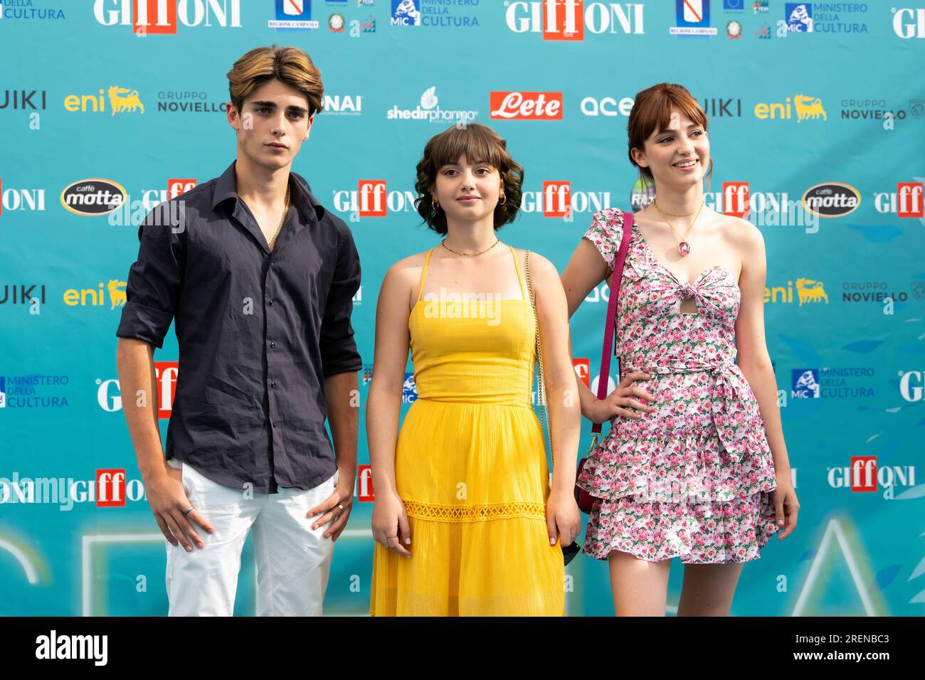 Giffoni Valle Piana, Salerno, Italy. 28th July, 2023. Italian actors Andrea Arru, Flavia Leone and Fiamma Parente attends the photocall at Giffoni Film Festival 2023 on July 28, 2023 in Giffoni Valle Piana, Salerno, Italy (Credit Image: © Francesco Luciano/ZUMA Press Wire) EDITORIAL USAGE ONLY! Not for Commercial USAGE! Stock Photo