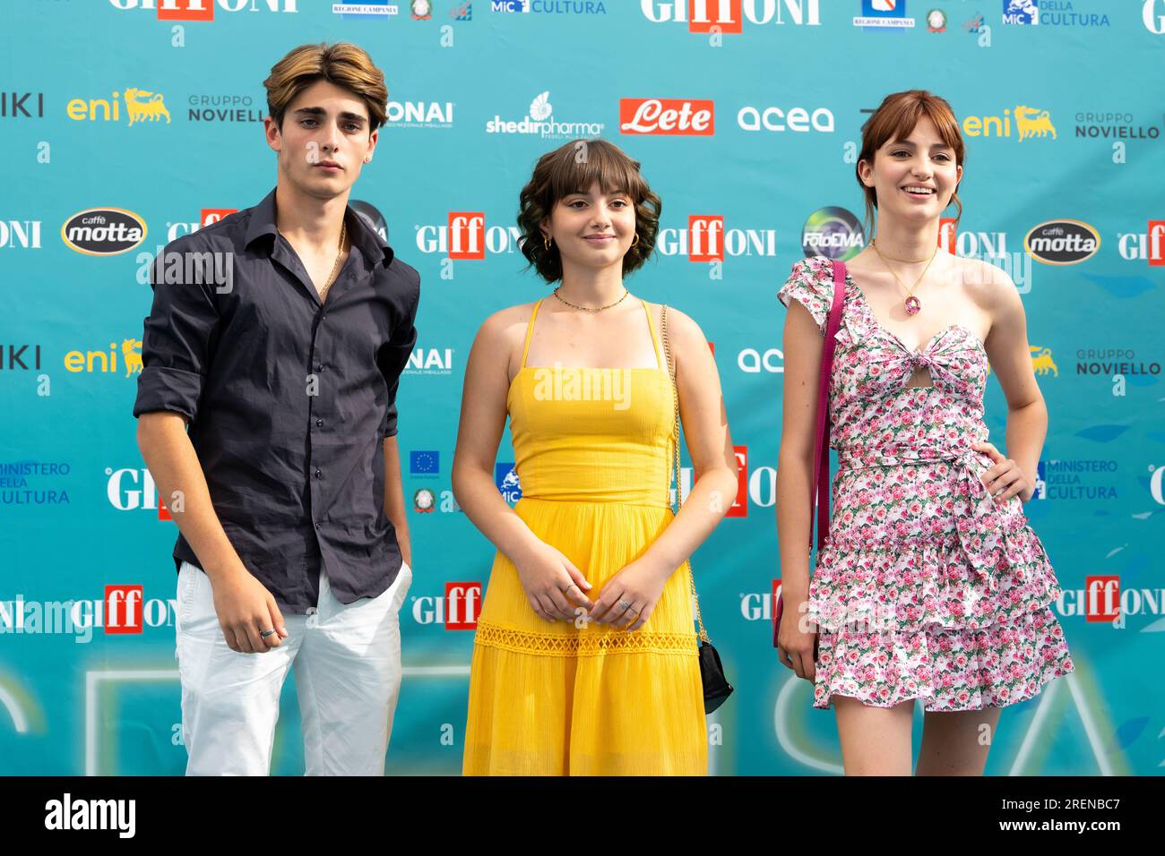 Giffoni Valle Piana, Salerno, Italy. 28th July, 2023. Italian actors Andrea Arru, Flavia Leone and Fiamma Parente attends the photocall at Giffoni Film Festival 2023 on July 28, 2023 in Giffoni Valle Piana, Salerno, Italy (Credit Image: © Francesco Luciano/ZUMA Press Wire) EDITORIAL USAGE ONLY! Not for Commercial USAGE! Stock Photo