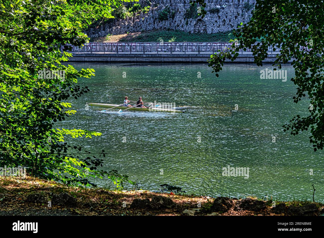 Rowing activities on the Po river in Turin, in the background the Principessa Isabella Bridge. Turin, Piedmont, Italy, Europe Stock Photo