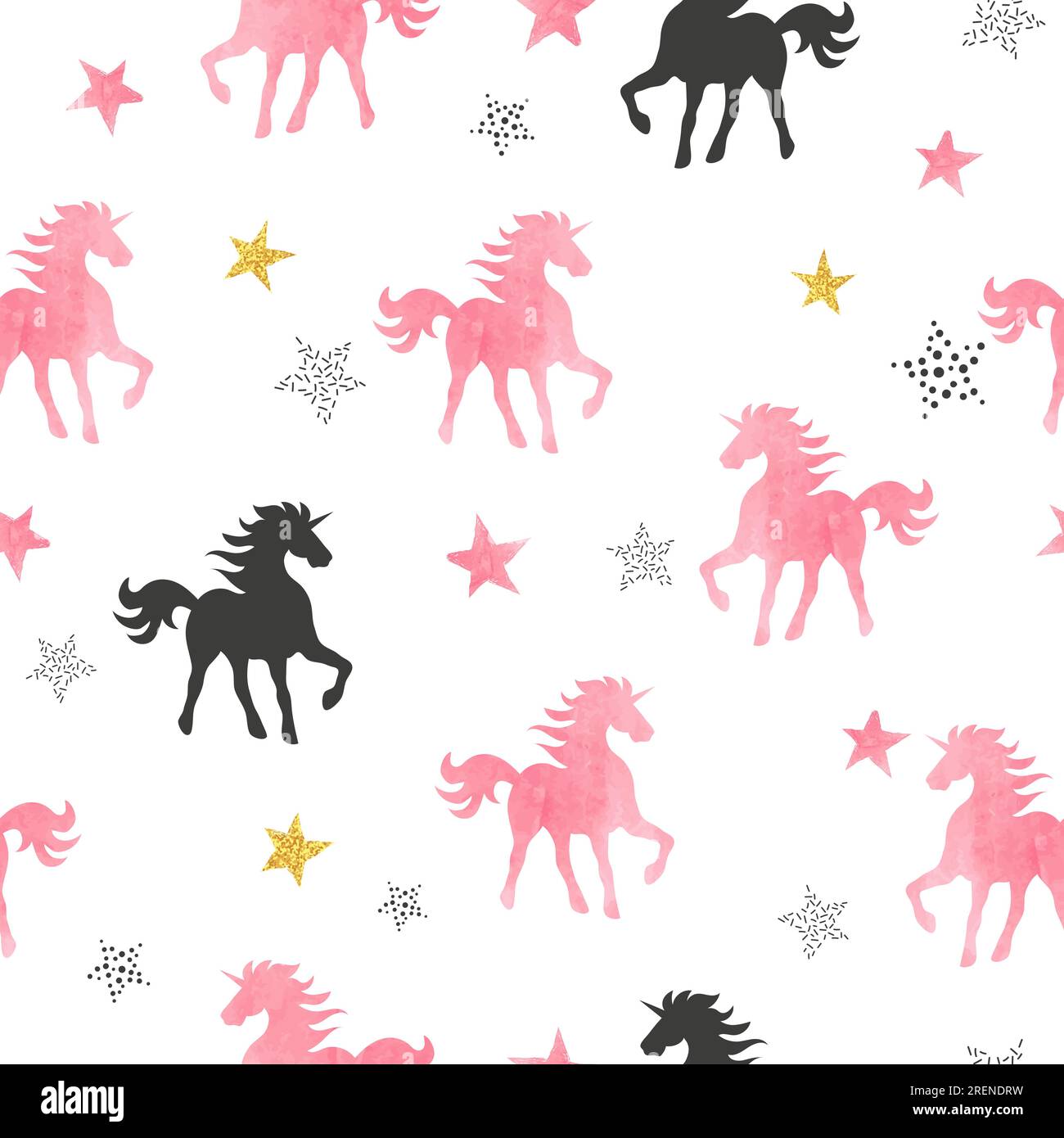 Vector seamless pattern with watercolor unicorns and stars. Stock Vector