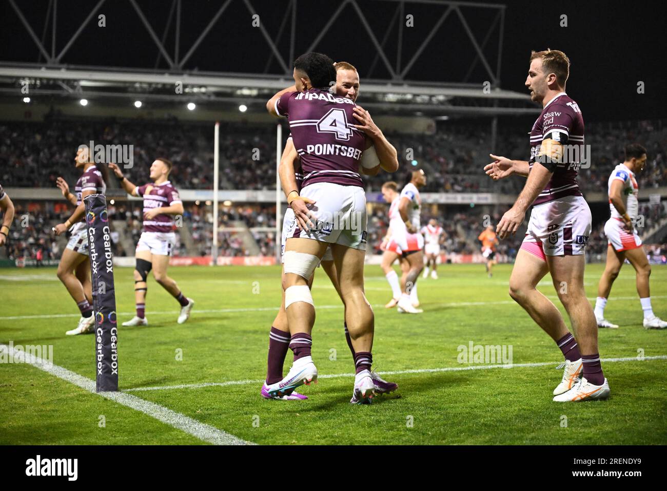 Wollongong, Australia. 29th July, 2023. Tolutau Koula of the Sea Eagles  celebetrates after scoring a try during the NRL Round 22 match between the  St. George Illawarra Dragons and the Manly Warringah