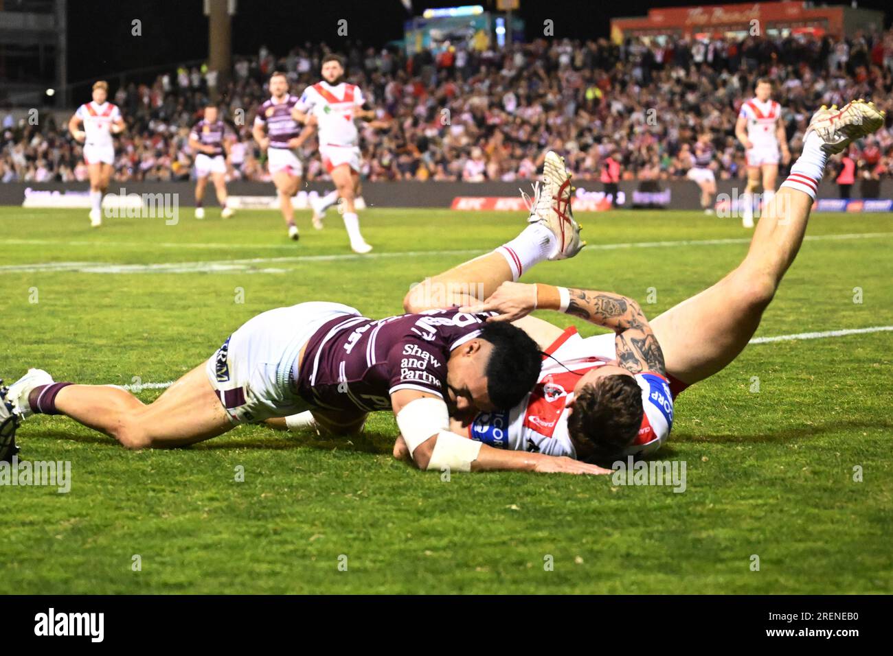 Wollongong, Australia. 29th July, 2023. Tolutau Koula of the Sea Eagles  scores a try during the NRL Round 22 match between the St. George Illawarra  Dragons and the Manly Warringah Sea Eagles
