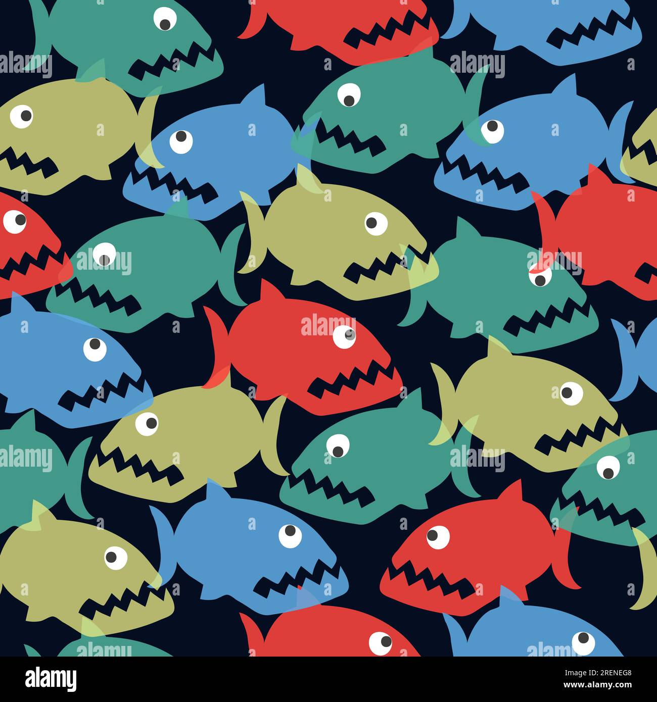 Seamless colorful cartoon piranha pattern. Vector fish background. Stock Vector