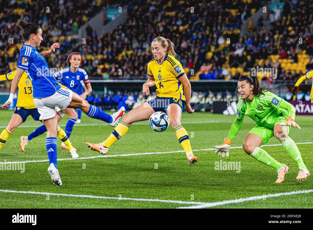 Wellington, Wellington, New Zealand. 29th July, 2023. Italian defender Lucia Di Guglielmo has a shot saved by the Sweden goalkeeper Zecira Musovic in the 2023 FIFA Womens World Cup Group G match between Sweden and Italy at the Wellington Regional Stadium in Wellington, New Zealand (Credit Image: ©James Foy/Alamy Live News) Stock Photo