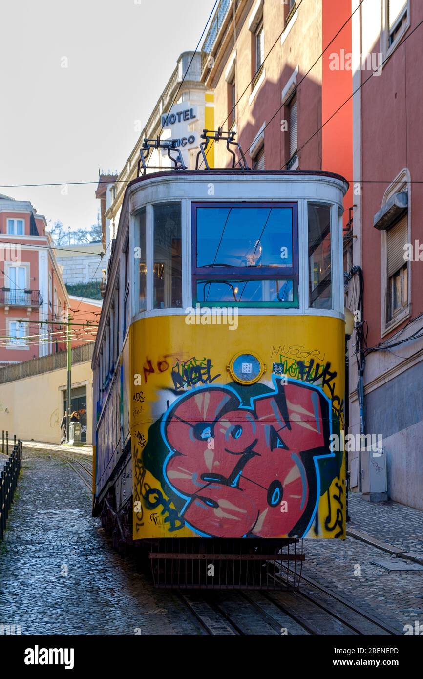 Lisbon, Portugal - January 7,  2020 : View of a traditional old tram in the center of Lisbon Portugal Stock Photo