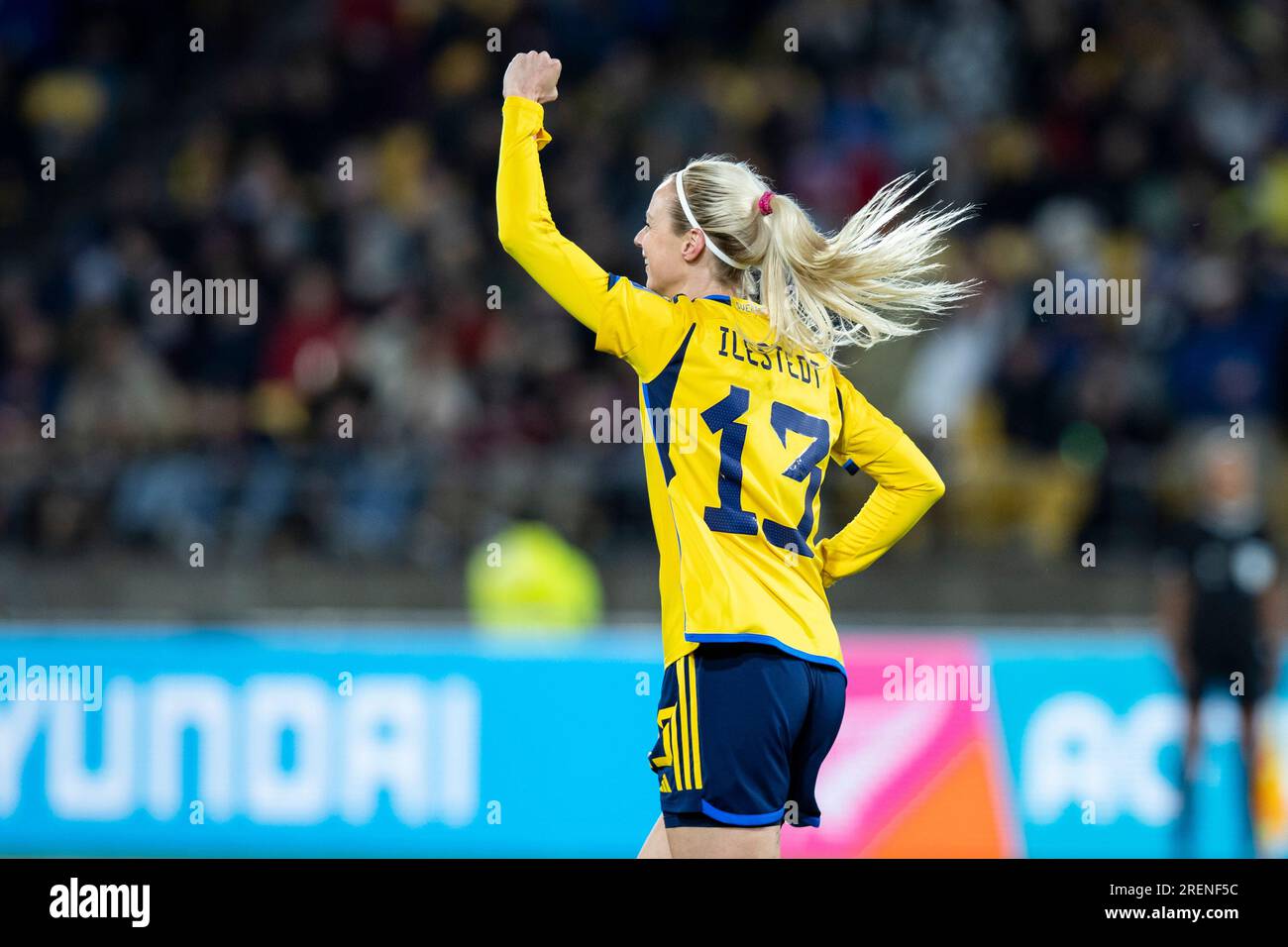 Wellington, Wellington, New Zealand. 29th July, 2023. Sweden defender AMANDA ILESTEDT #13 celebrates her goal in the first half of the 2023 FIFA WomenÃs World Cup Group G match against Italy at the Wellington Regional Stadium in Wellington, New Zealand. (Credit Image: © Ira L. Black/ZUMA Press Wire) EDITORIAL USAGE ONLY! Not for Commercial USAGE! Stock Photo