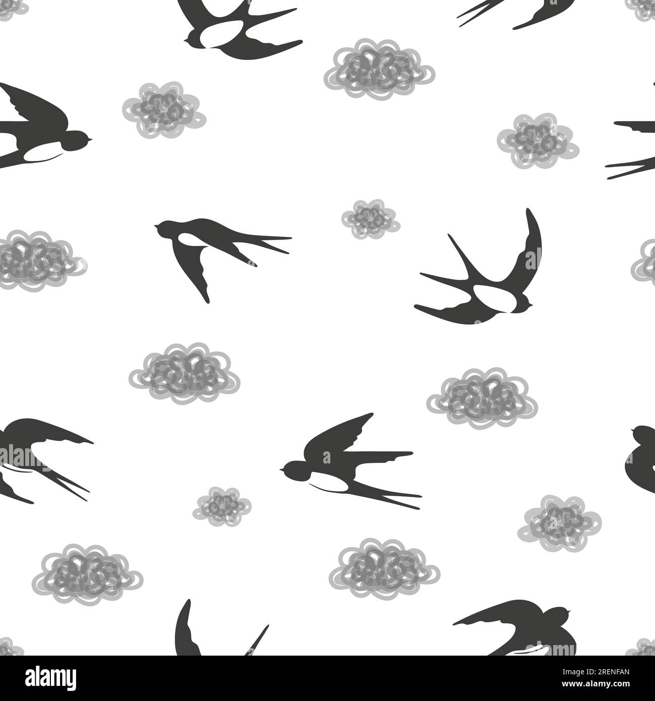 Seamless black and white pattern with flying swallows and clouds. Stock Vector