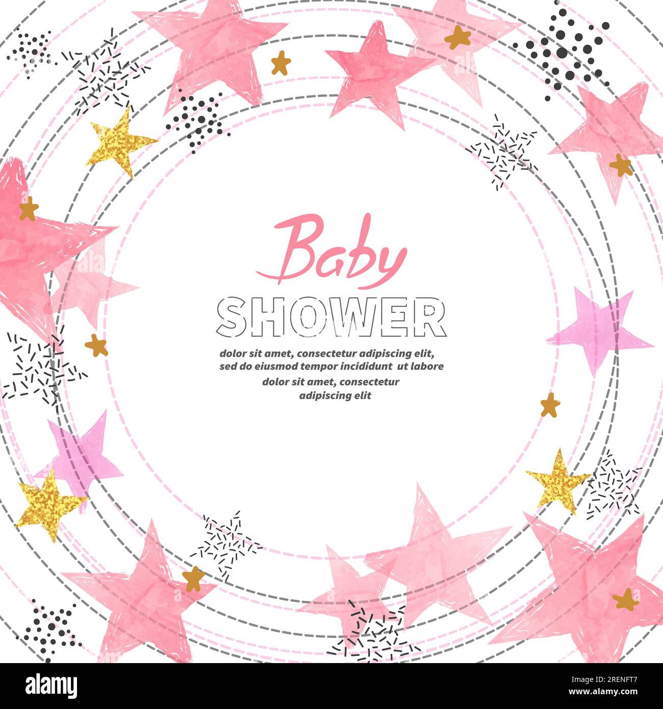 Baby Shower girl invitation card design with watercolor pink stars ...