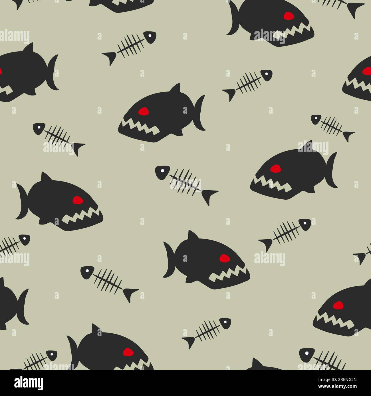 Seamless vector piranha pattern with fish bones. Stock Vector