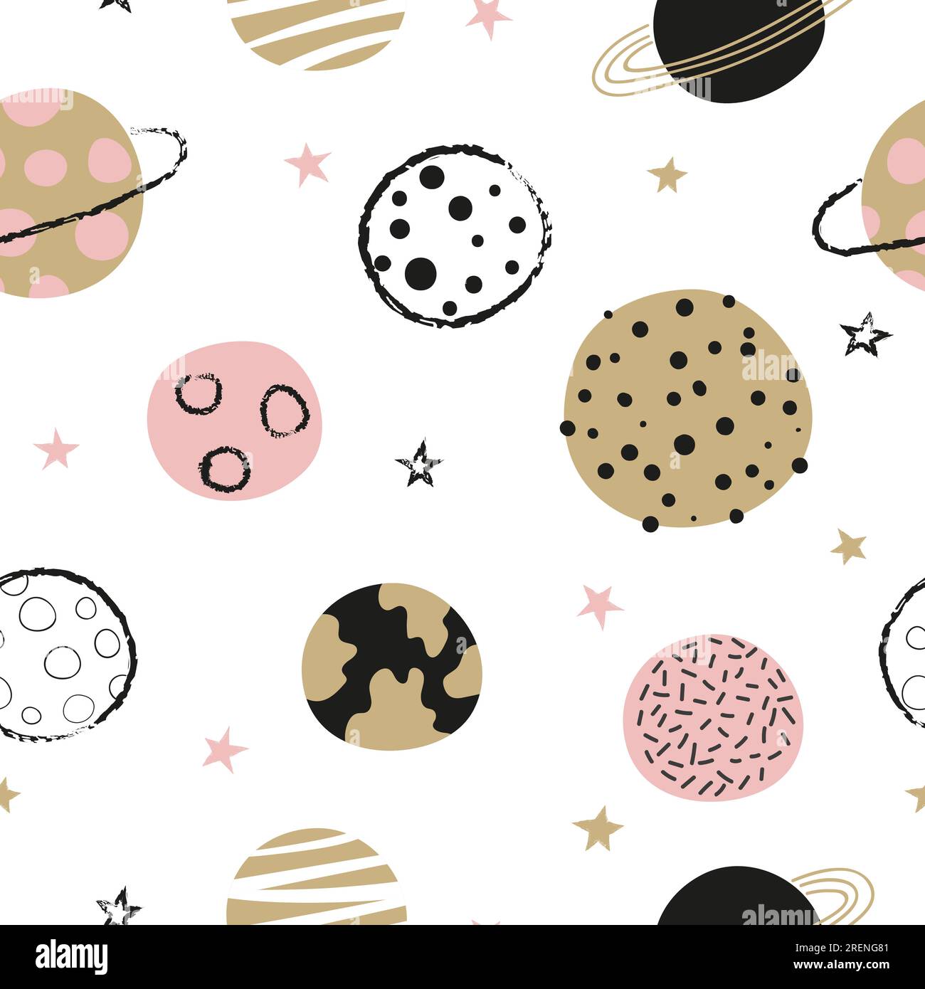 Seamless childish space pattern with hand drawn planets. Stock Vector