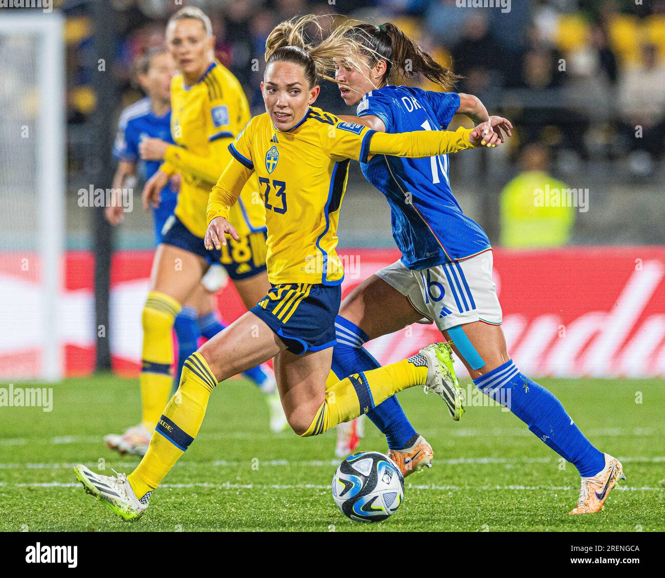 Wellington, Wellington, New Zealand. 29th July, 2023. Elin Rubensson of Sweden attempts to evade the attentions of Italy midfielder Giulia Dragoni in the 2023 FIFA Womens World Cup Group G match between Sweden and Italy at the Wellington Regional Stadium in Wellington, New Zealand (Credit Image: ©James Foy/Alamy Live News) Stock Photo