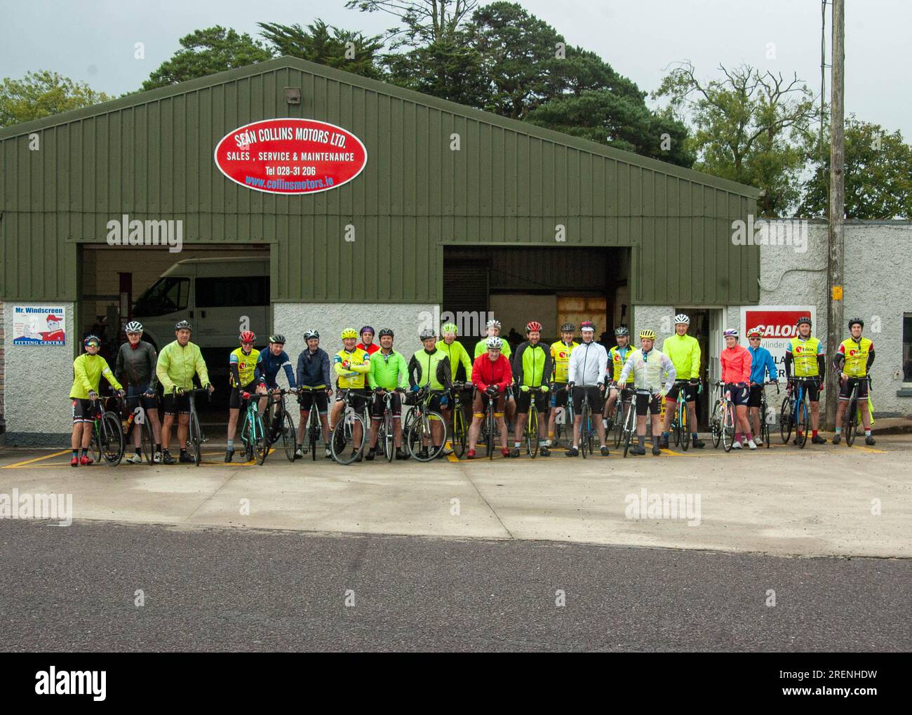 Saturday 29 Jul 2023 Drimoleague, West Cork, Ireland; A charity cycle was held in Drimoleague today. The Mizen Loopers Cycle, in aid of the West Cork Down Syndrome Centre started at Collin’s Centra and had 2 separate routes, a 180km route and a 90km route. Some 50 cyclists took part in the event with some taking off before the main group. The Tour De Munster Cycling Club, which organised the event at the start of the day. Photo; Evan Doak Stock Photo