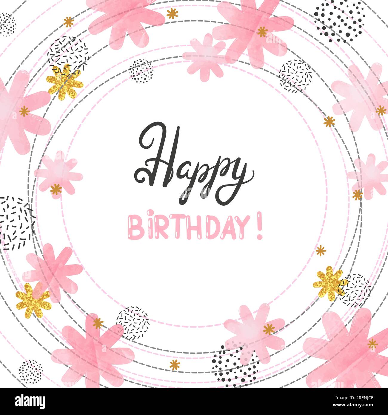 Happy Birthday card design with abstract watercolor pink flowers Stock ...