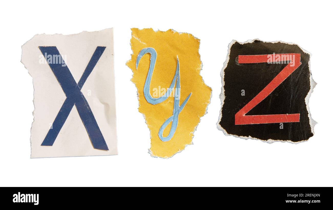 X, Y and Z alphabets on torn colorful paper . Ransom note style letters. Stock Photo