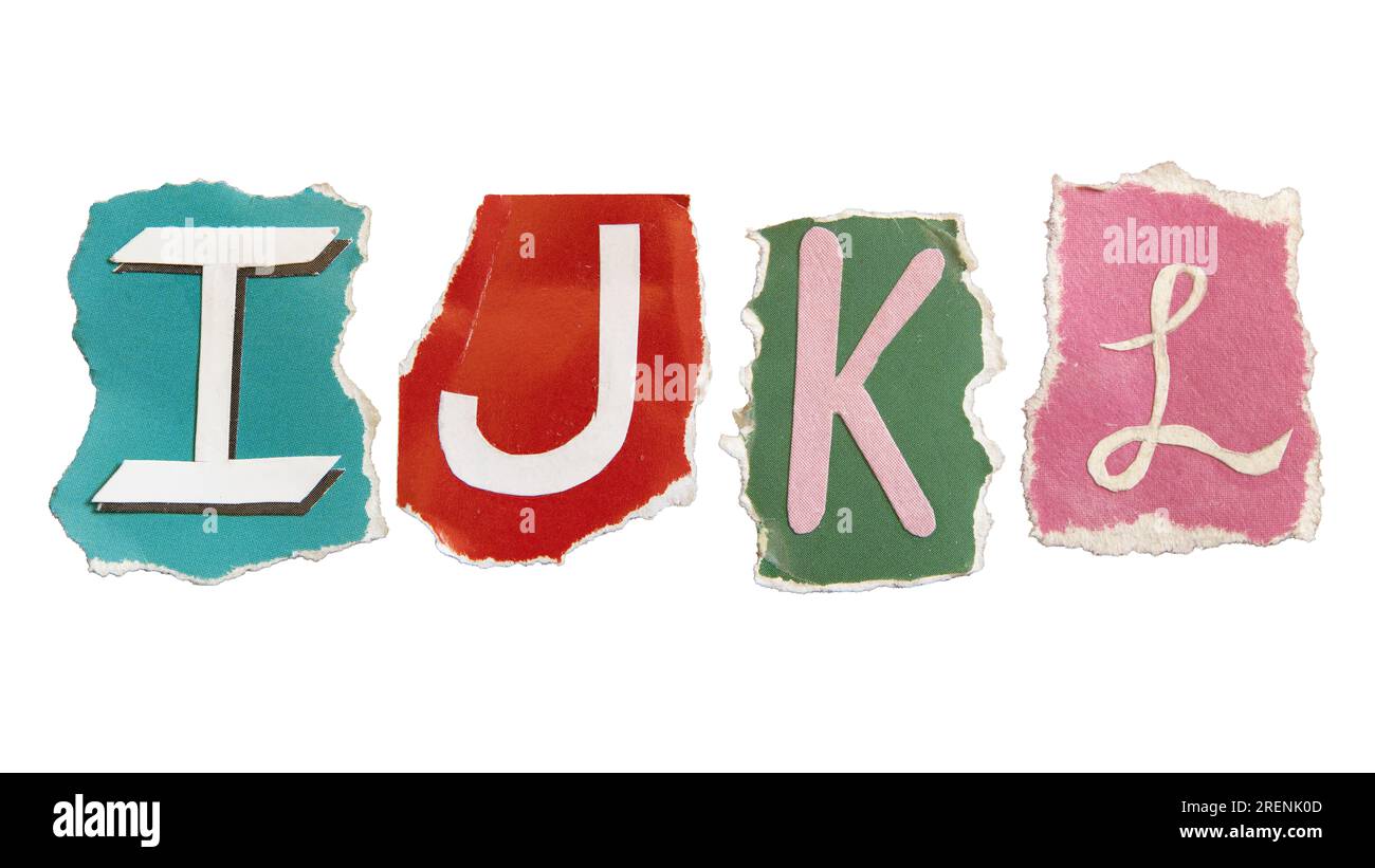 I, J, K and L alphabets on torn colorful paper . Ransom note style letters. Stock Photo