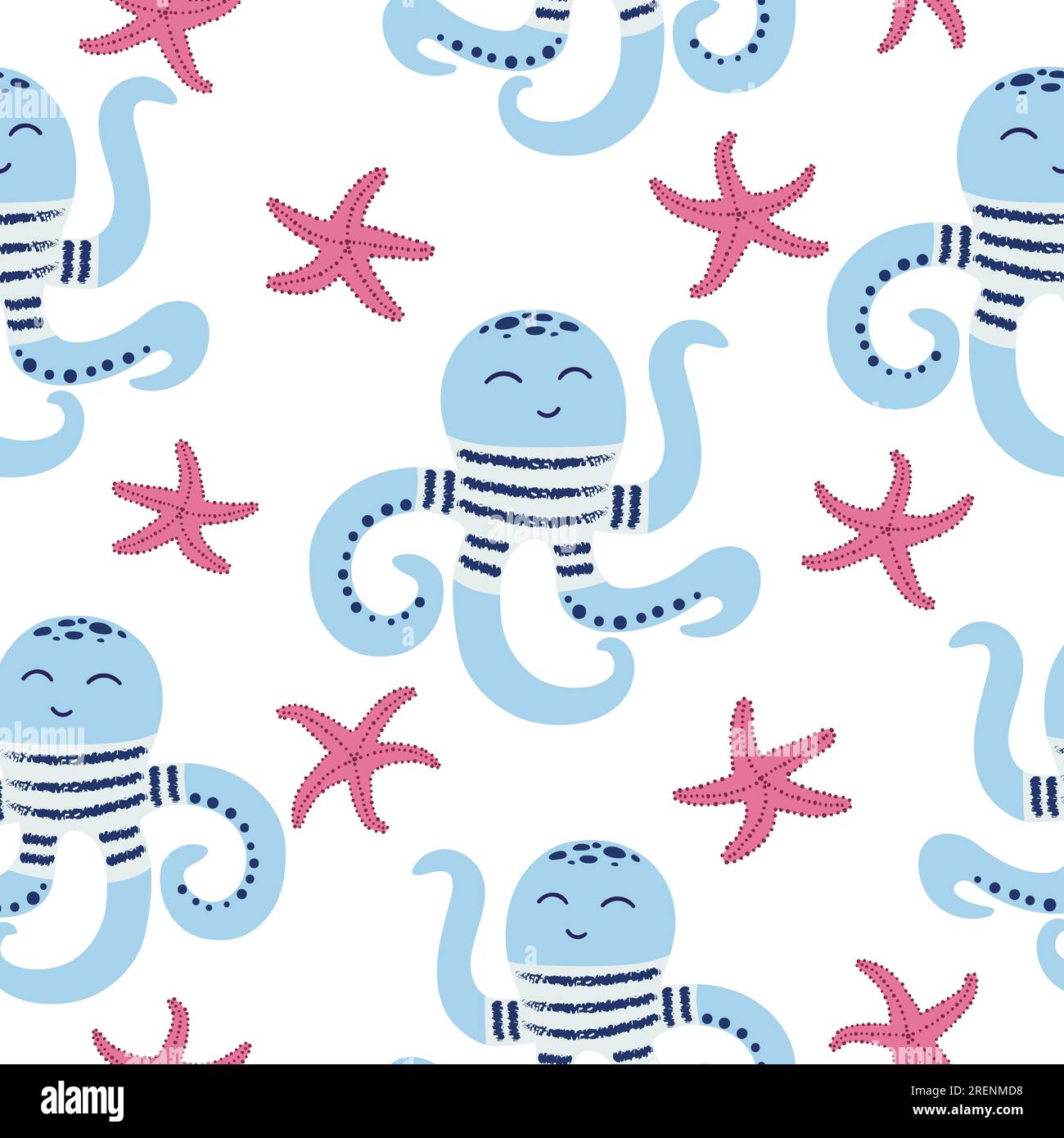 Seamless sea pattern with cute octopus and starfish. Stock Vector