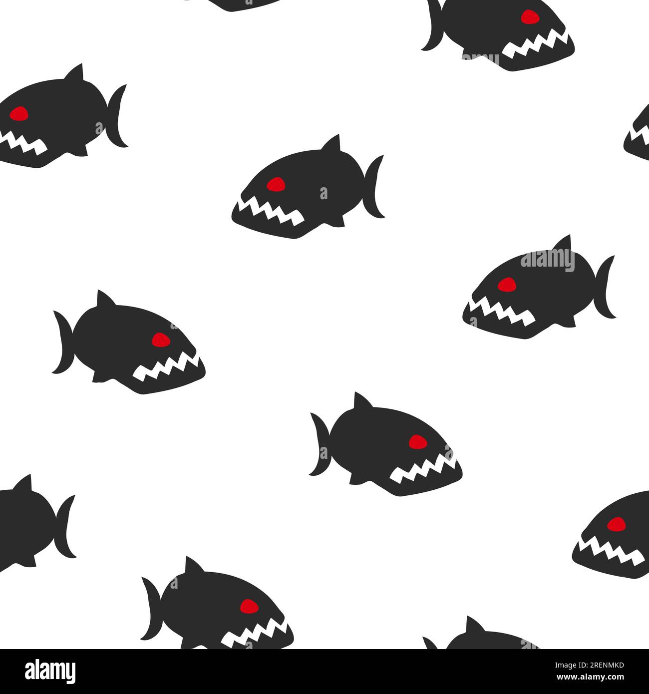 Seamless black and white piranha pattern. Vector fish background. Stock Vector