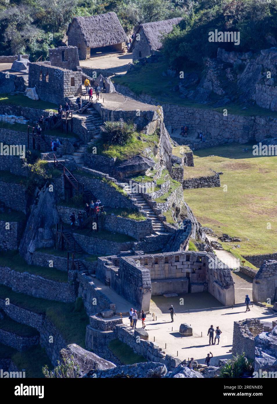 view of sacred plaza, Inca ruins of Machu Picchu, Peru, South America Stock Photo