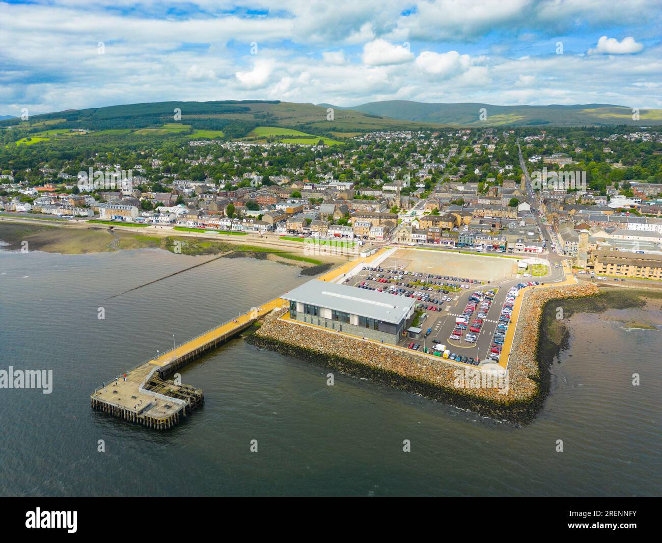Aerial view from drone of waterfront and new leisure centre at Helensburgh, Argyll and Bute