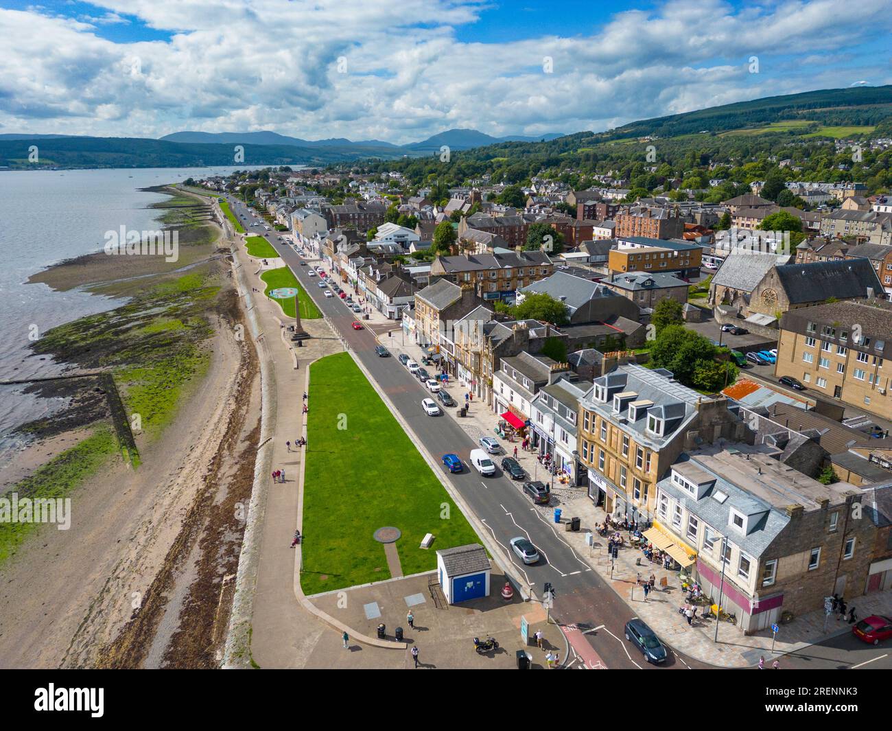 Aerial view from drone of waterfront promenade at Helensburgh, Argyll and Bute, Scotland, UK