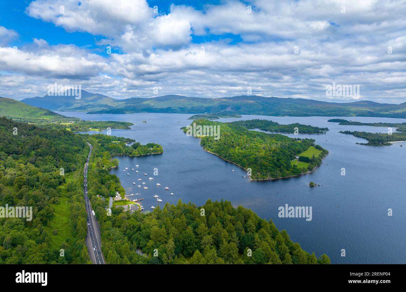 Aerial view from drone at Aldochlay of Loch Lomond and Inchtavannach Island, Argyll and Bute, Scotland, Uk Stock Photo