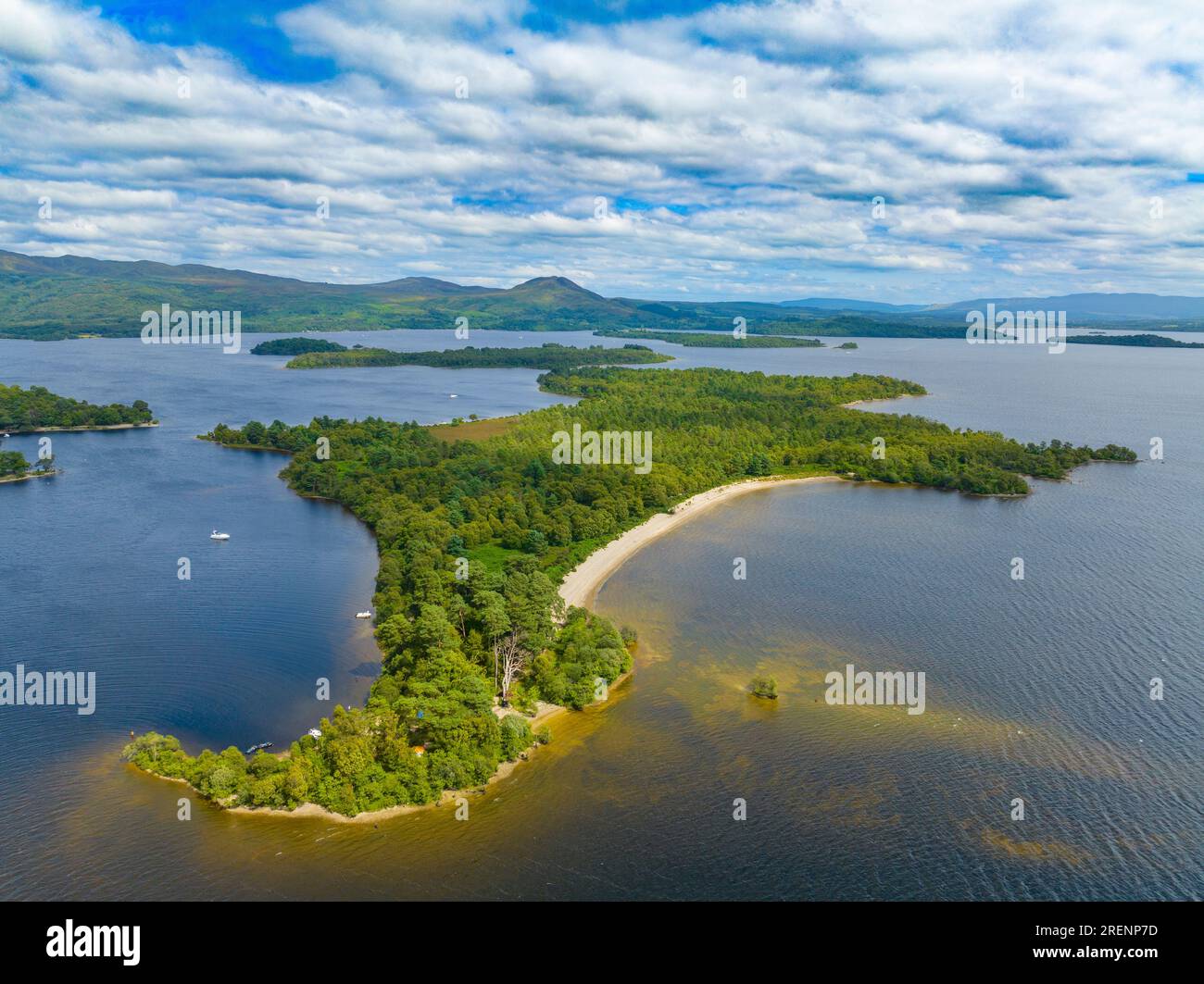 Aerial view form drone of Inchmoan Island and other islands on Loch Lomond in Argyll and Bute, Scotland, UK Stock Photo
