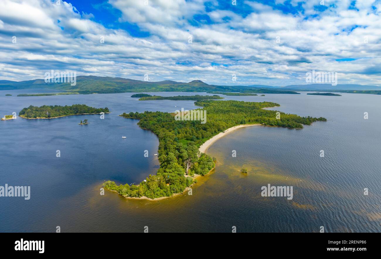 Aerial view form drone of Inchmoan Island and other islands on Loch Lomond in Argyll and Bute, Scotland, UK Stock Photo