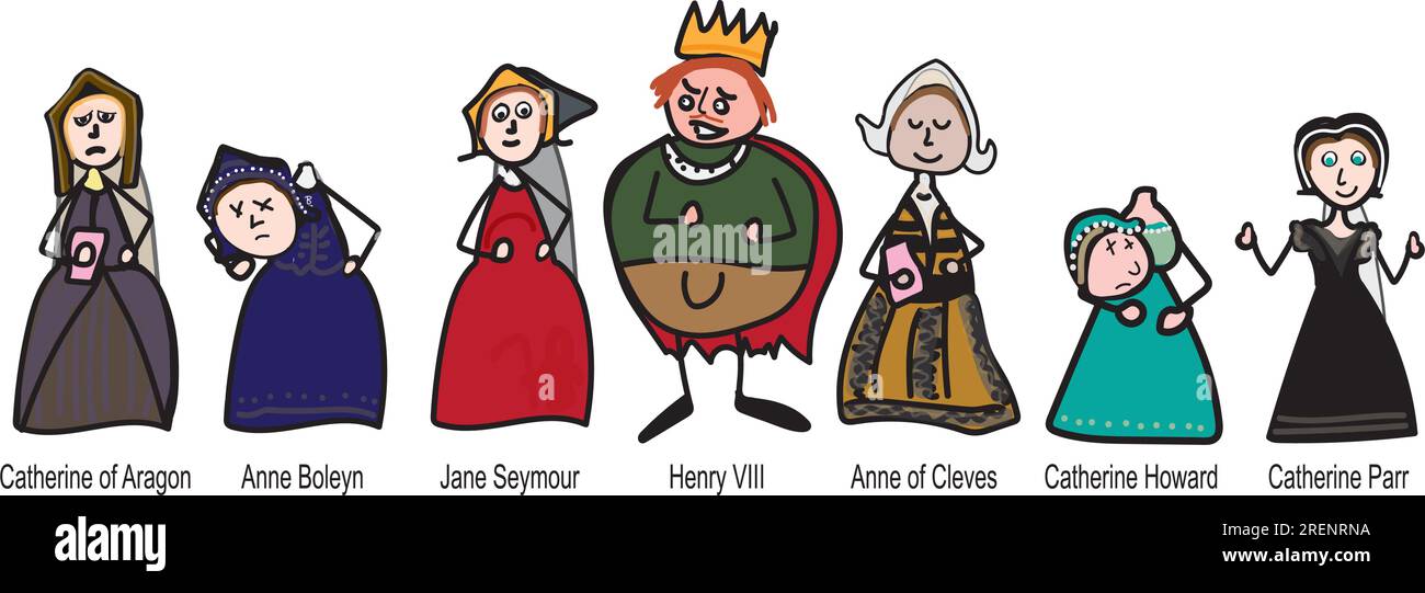 Stick figure drawing of King Henry VIII and his six wives, labeled version Stock Vector