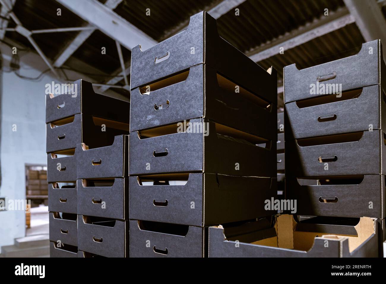 Assembled black cardboard boxes in warehouse. Fruit trays. Packaging of