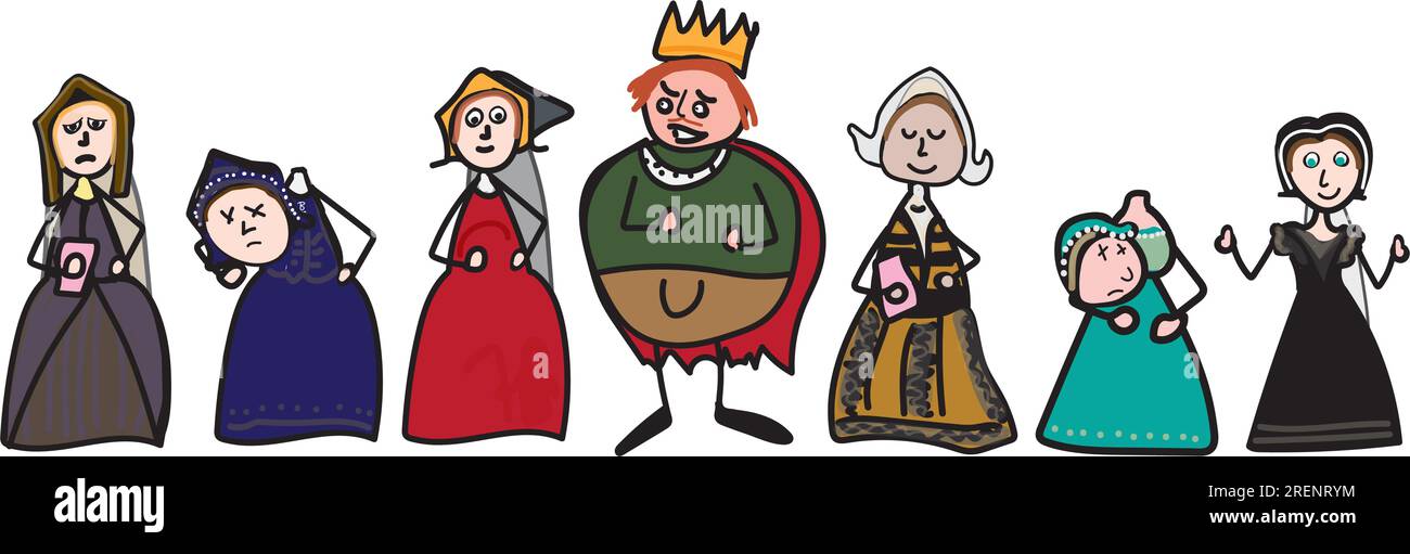 King Henry VIII and his six wives: Catherine of Aragon, Anne Boleyn, Jane Seymour, Anne of Cleves, Catherine Howard, and Catherine Parr Stock Vector