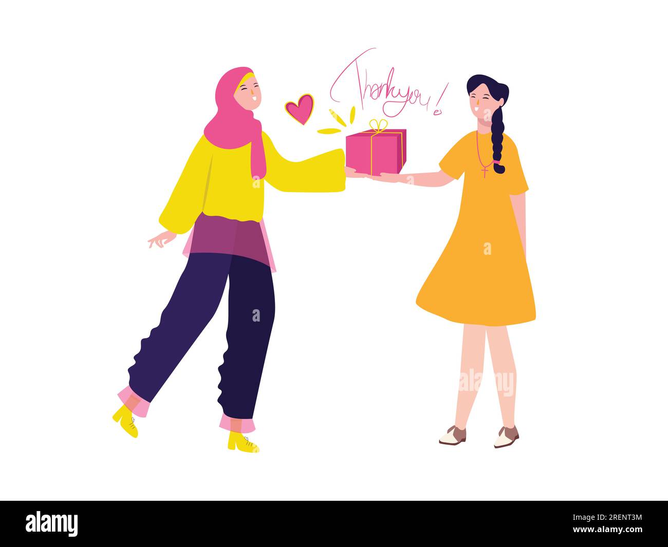 beautiful hijab girl give box gift to christian girl charity generosity present and say thankyou appreciate feeling grateful Stock Vector